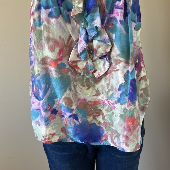 Anthropologie Postmark Tank Silk Watercolor Top Ruffle Blue Purple Sz 4 - Picture 3 of 11